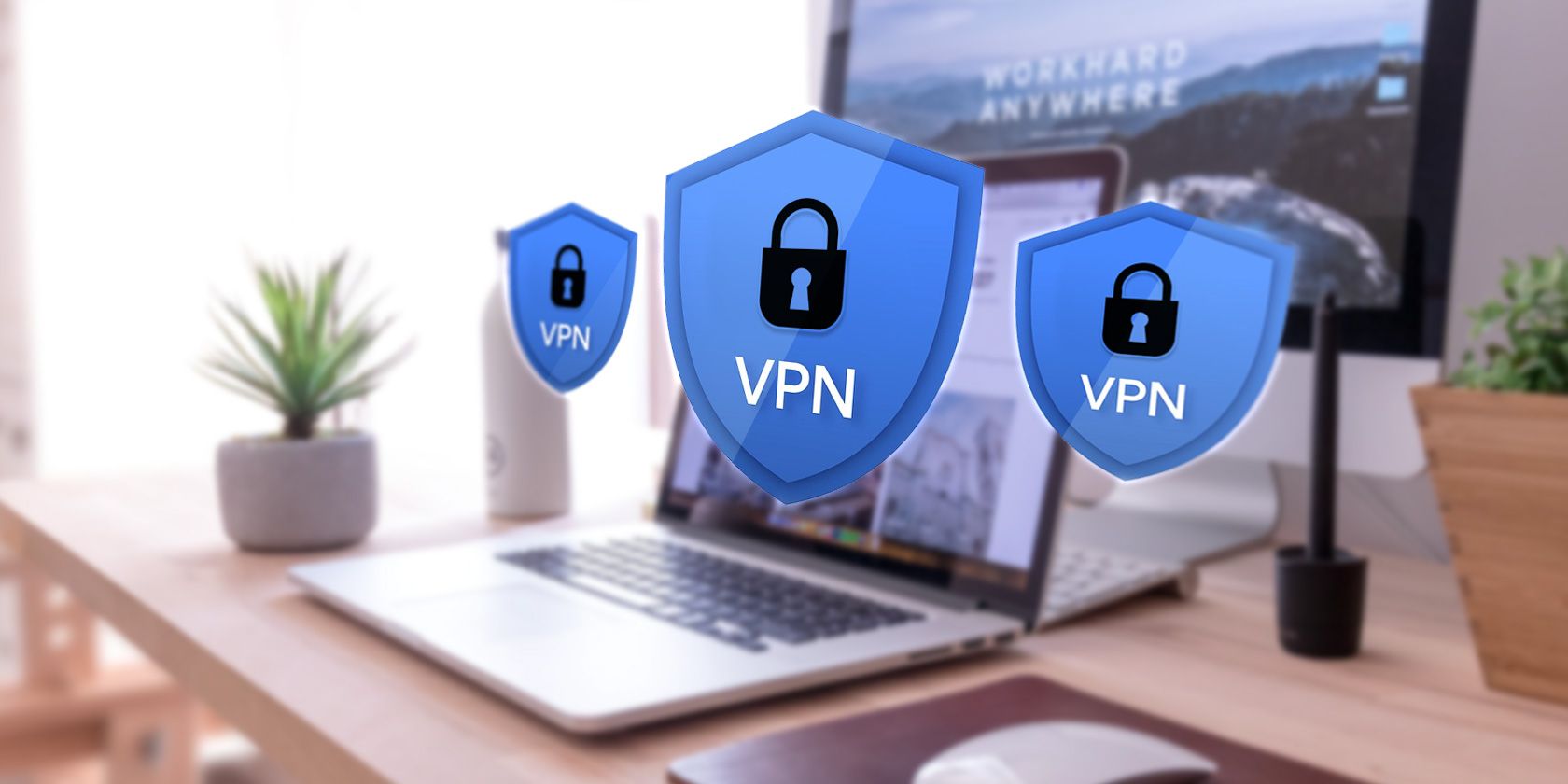 VPN shield, laptop on background 