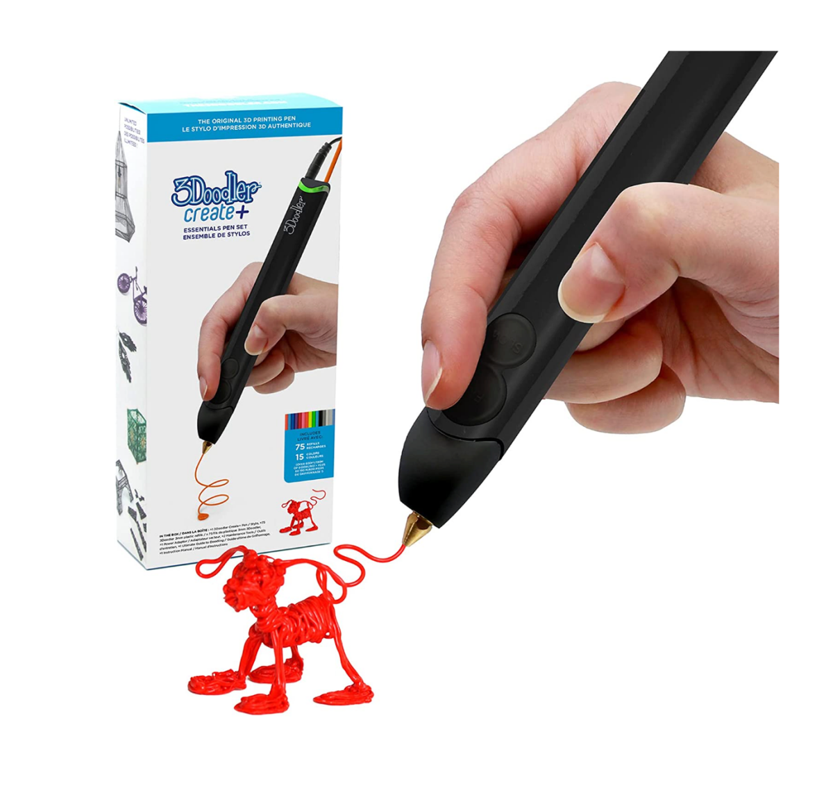 3Doodler Create+ ساخت یک سگ سه بعدی قرمز با جعبه دستگاه در پس زمینه