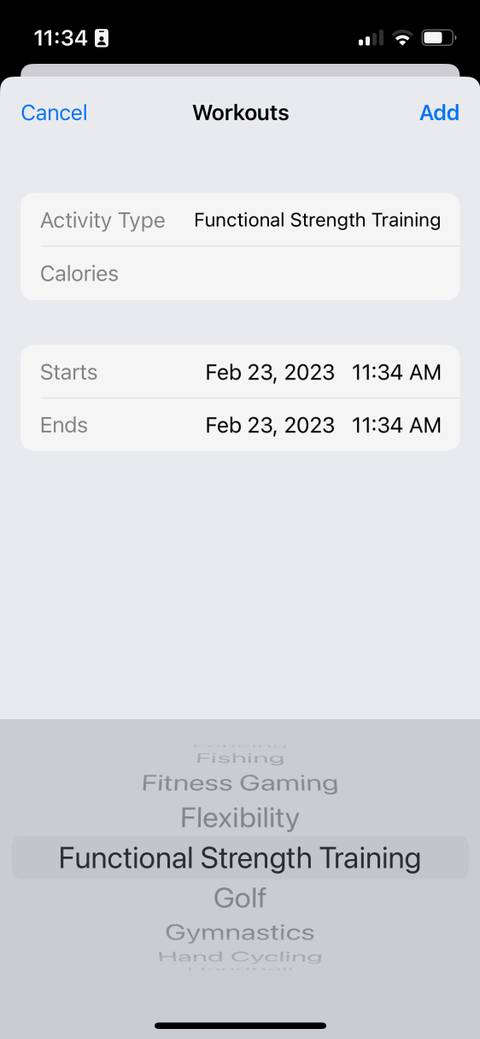 iPhone Health app add workout manual entry screenshot