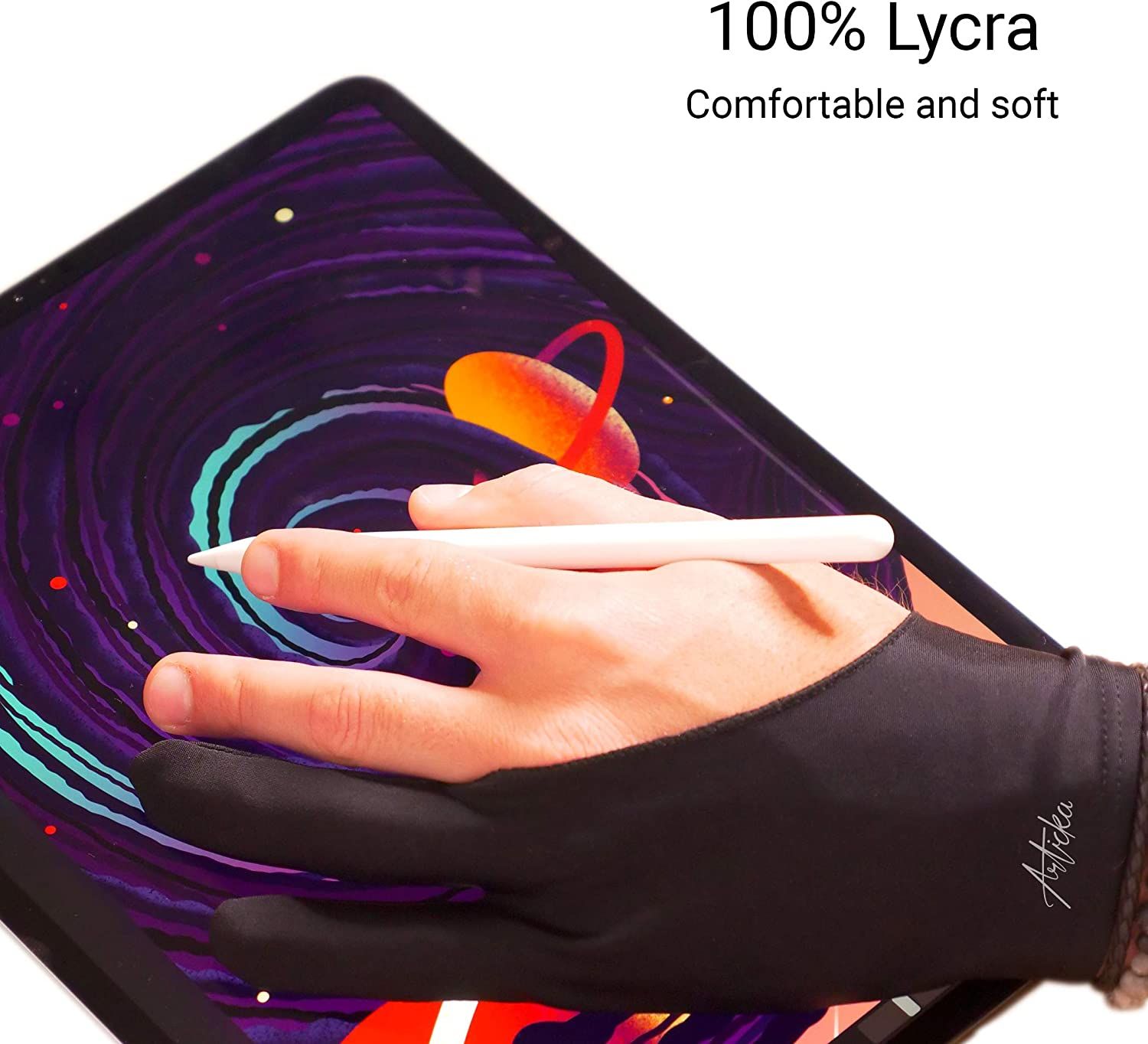 an artist using an articka drawing glove on a digital drawing tablet
