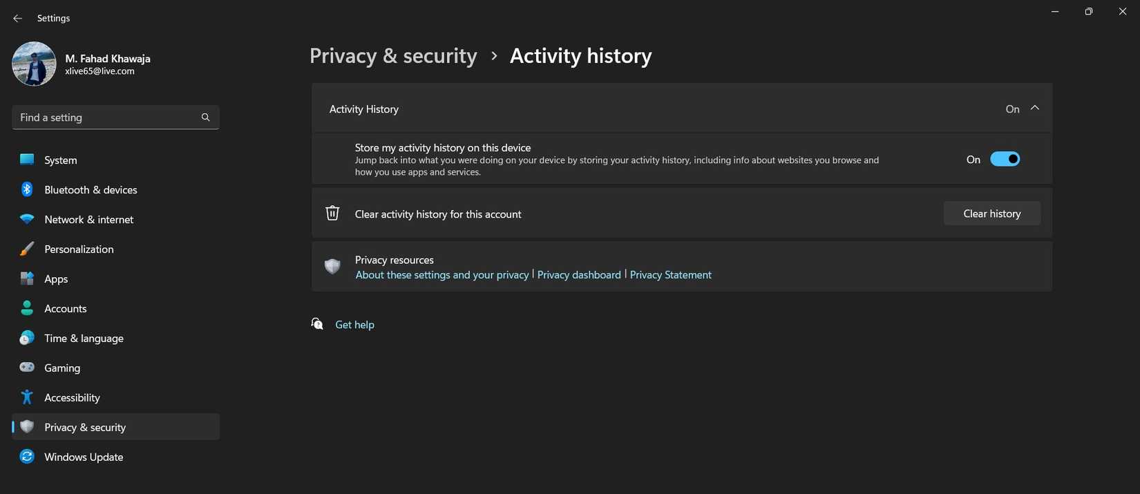 clear activity history