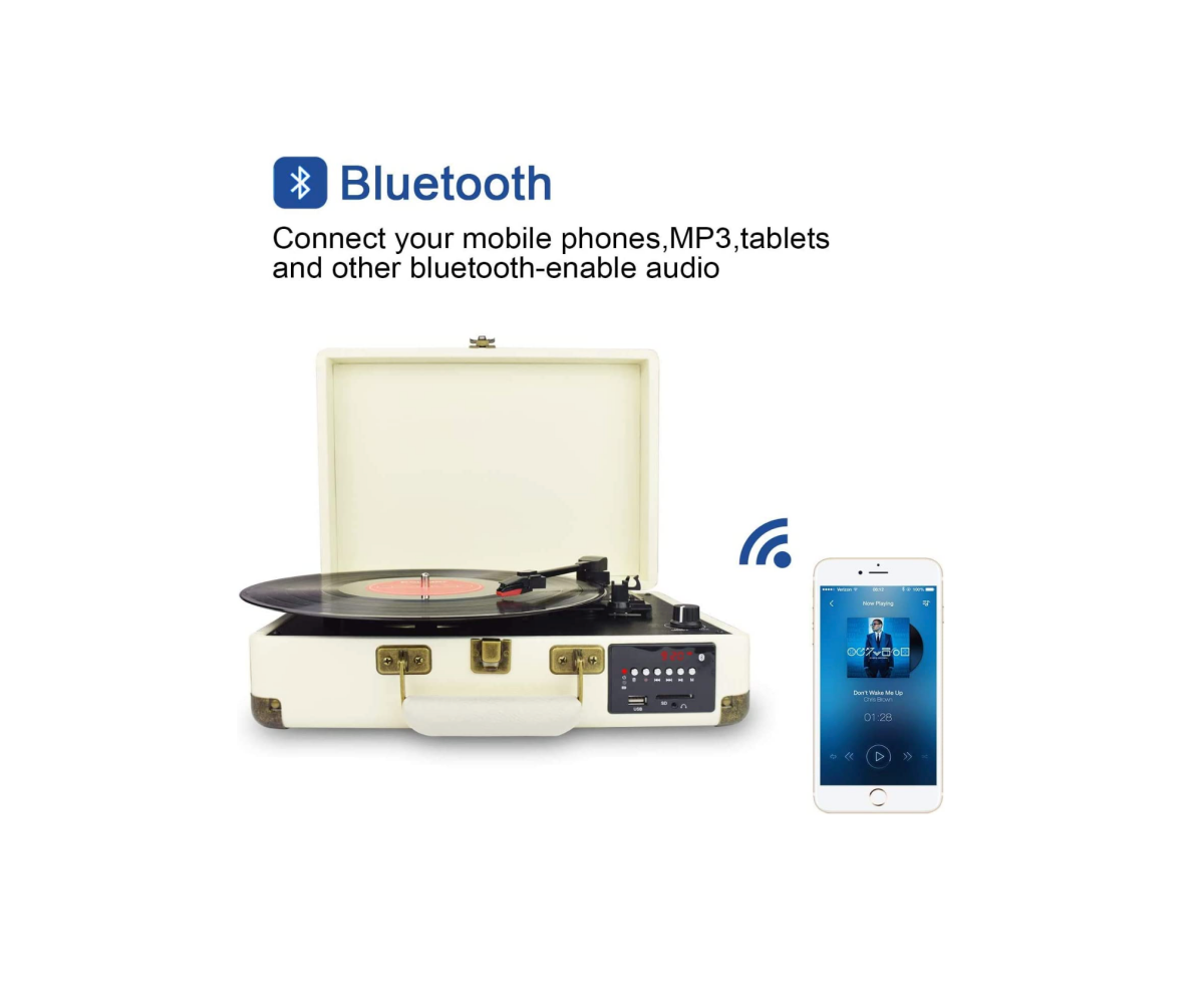 A Digitnow Suitcase Record Player with a smartphone demonstrating the Bluetooth capability