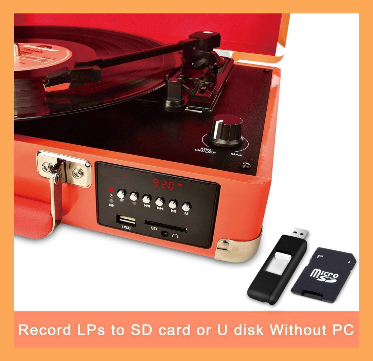 A Digitnow Suitcase Record Player with USB stick and SD card demonstrating its recording ability