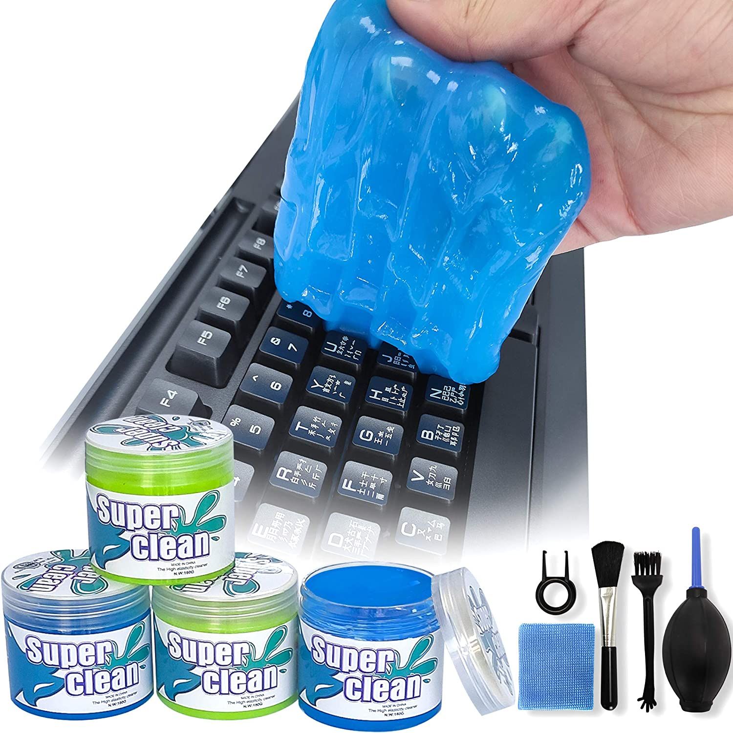 fesciory dust cleaning gel being used on a keyboard