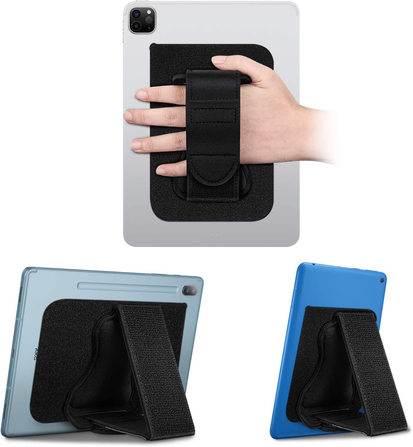 the fintie universal tablet hand strap attached to an apple and android tablet