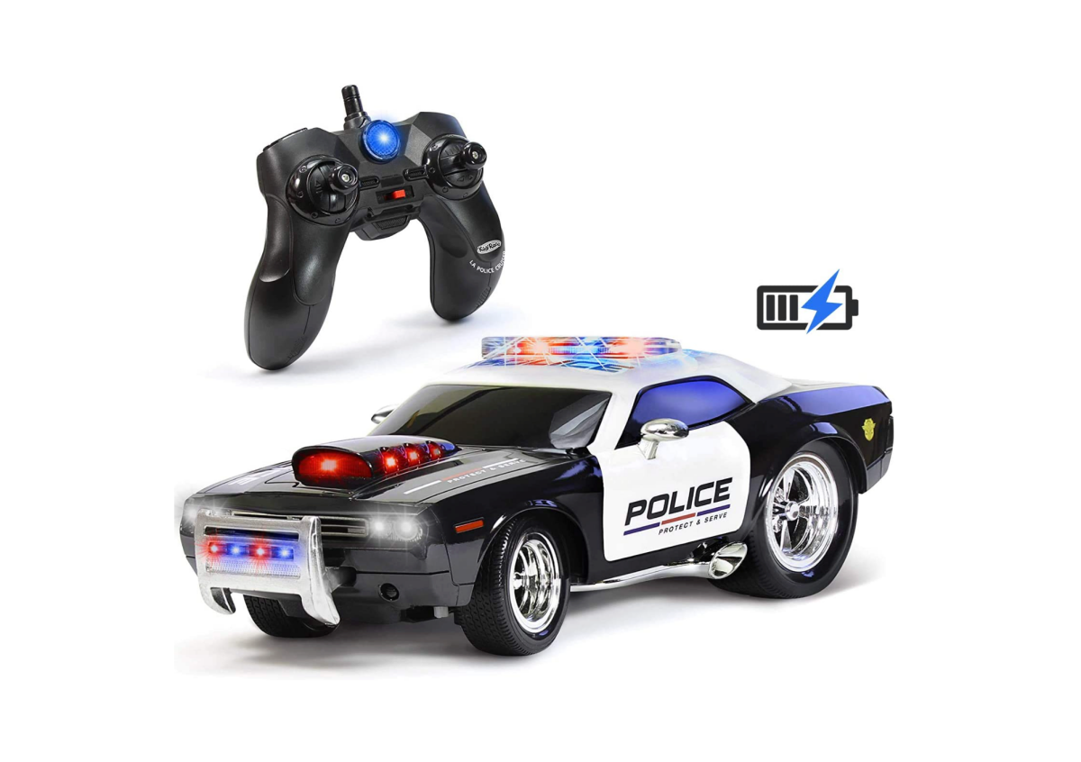 A full shot of a Kidirace RC Police Car and its controller