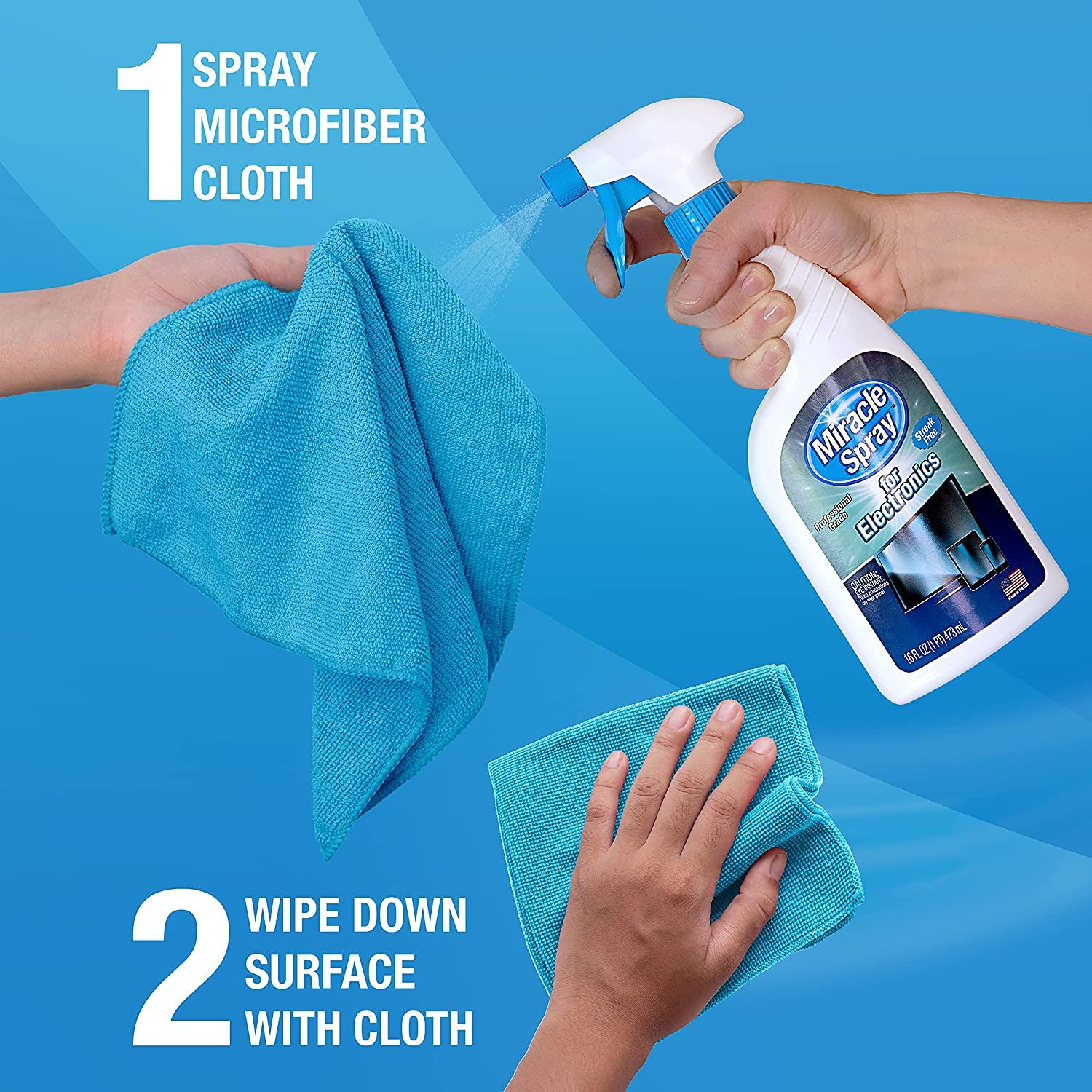 a diagram showcasing how to use miraclespray cleaner with a microfiber cloth