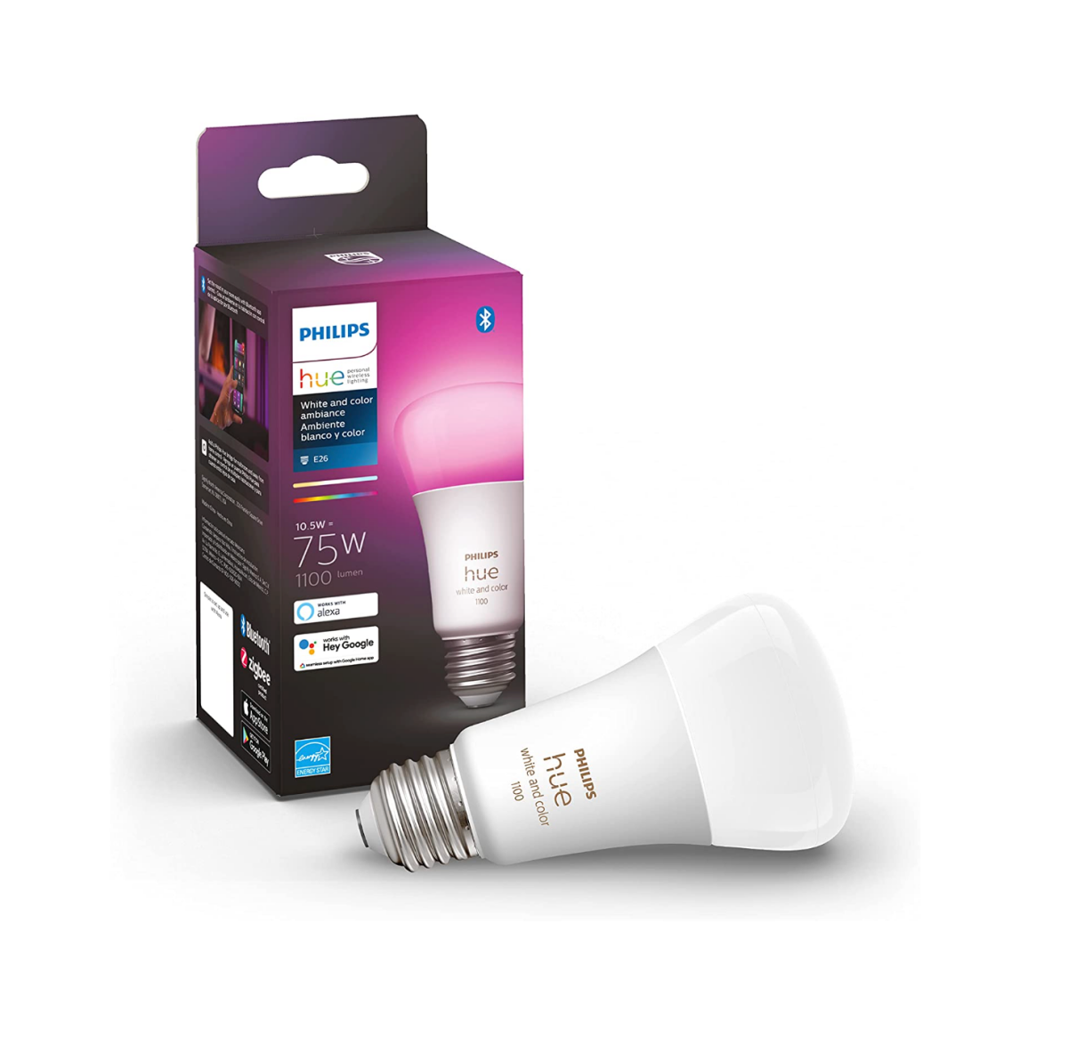 یک لامپ هوشمند Philips Hue White و Color Ambiance A19 در کنار بسته بندی آن