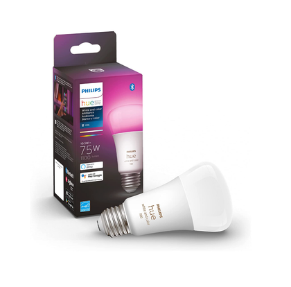 A Philips Hue White and Color Ambiance A19 Smart Bulb next to its packaging