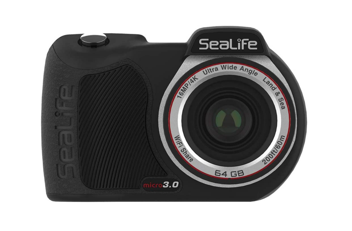 A full face view of a SeaLife Micro 3.0 underwater camera