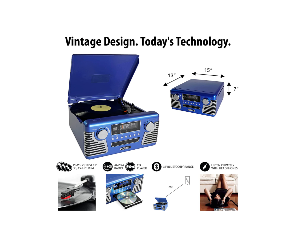 An image showing a blue Victrola 50s Retro Bluetooth Record Player & Multimedia Center with its features demonstrated underneath