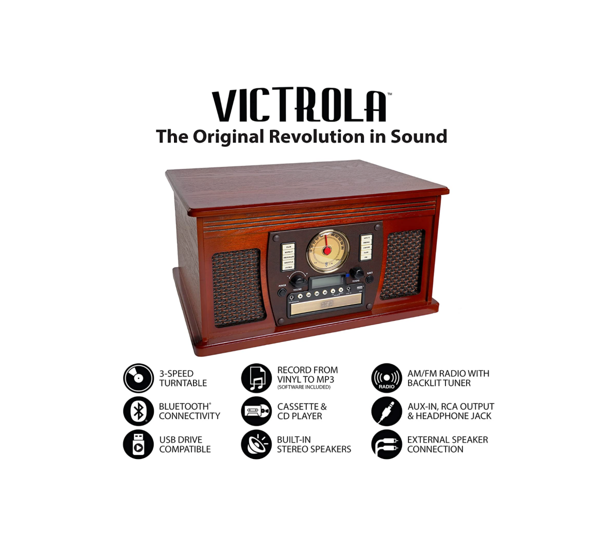 A Victrola 8-in-1 Record Player with its features explained below