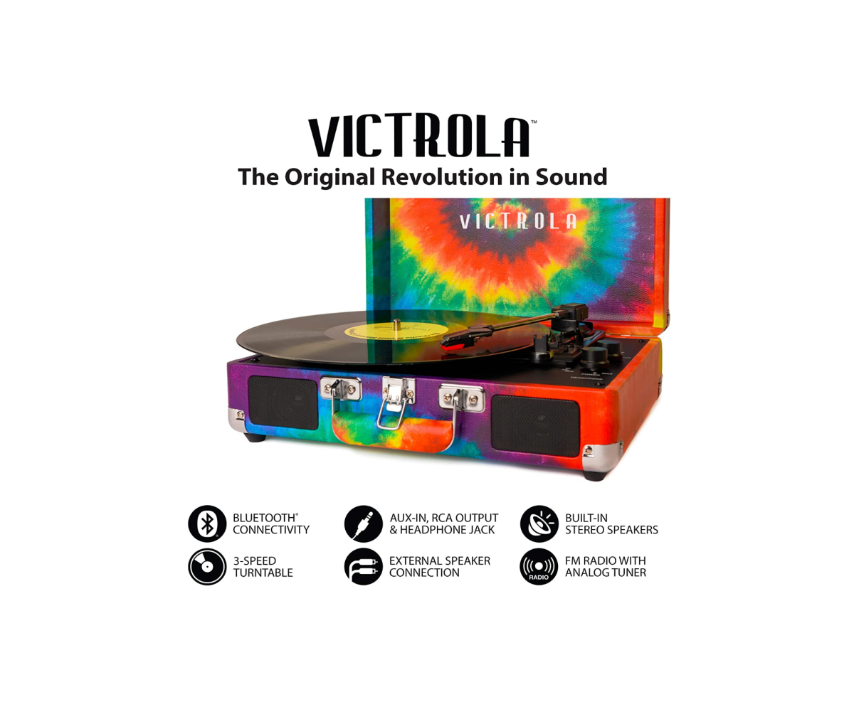 An image illustrating the features of a Thai-dye Victrola Vintage Suitcase Turntable features