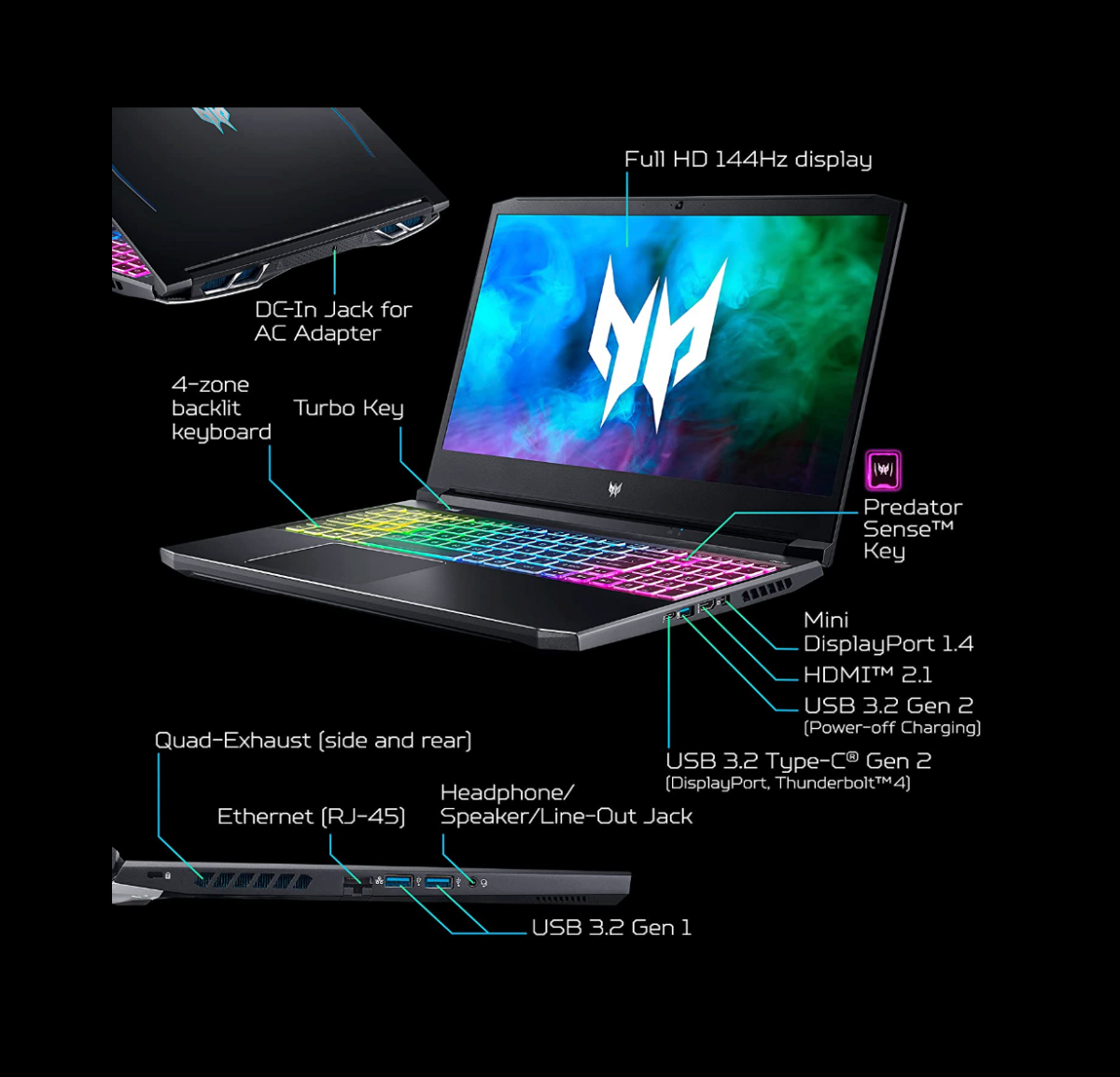 An Acer Predator Helios 300 laptop with information on its specs