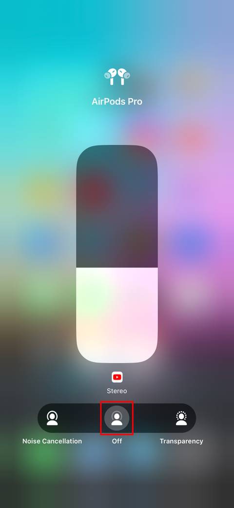 The iPhone Control Center showing AirPods noise cancellation turned off