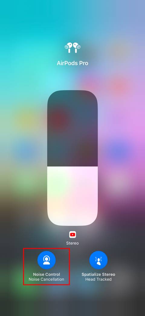 The iPhone Control Center with the Volume Noise Control option highlighted