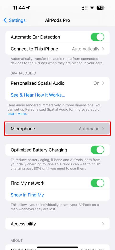 The iPhone Settings app with the AirPods Microphone option highlighted