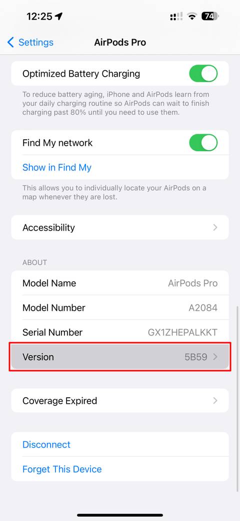 The AirPods Version option highlighted in the iPhone Settings app