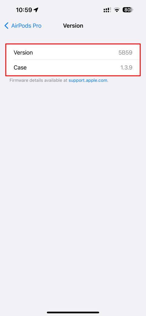 The iPhone Settings app showing the AirPods and AirPods case firmware versions