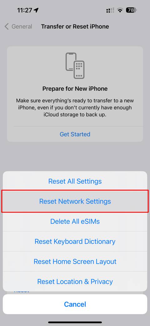 The iPhone Settings app with the Reset Network Settings option highlighted