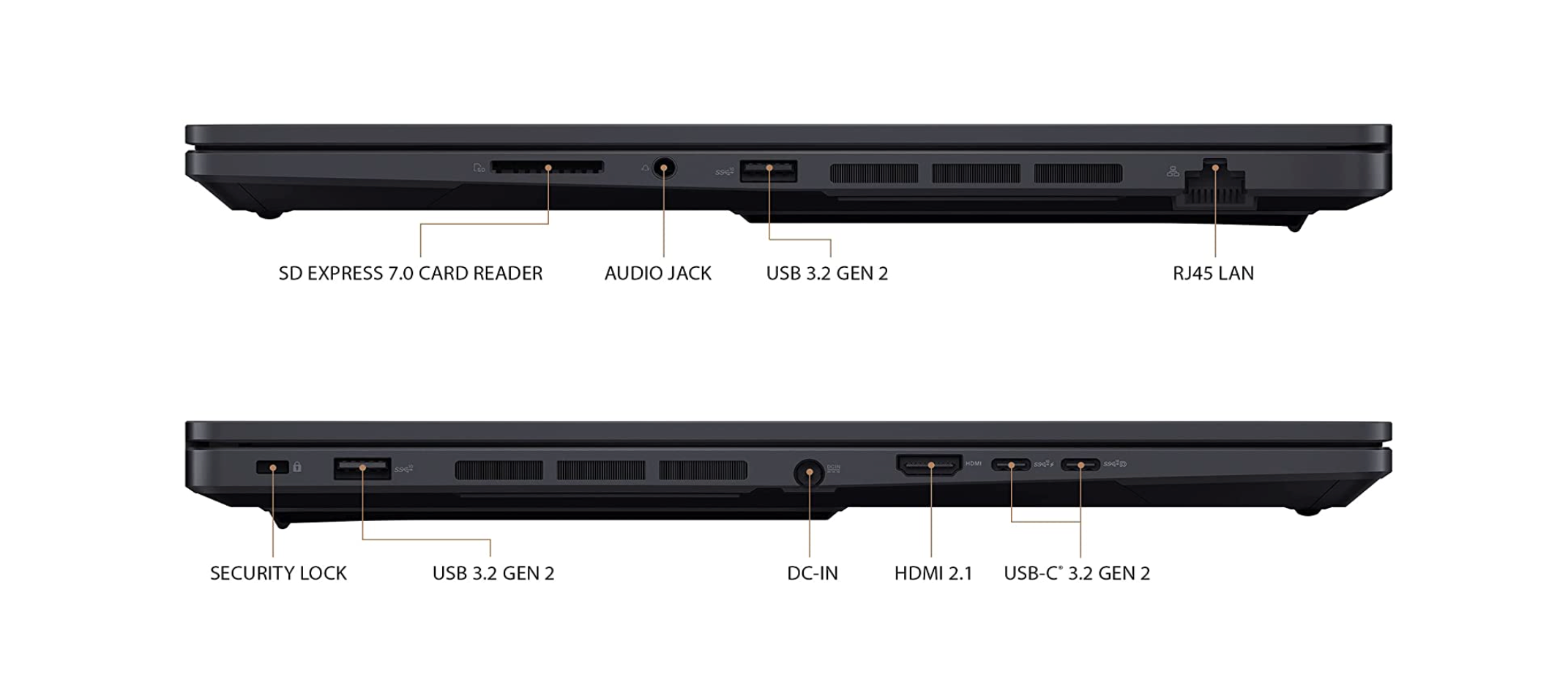 The port selection on either side of the ASUS ProArt StudioBook 16 laptop