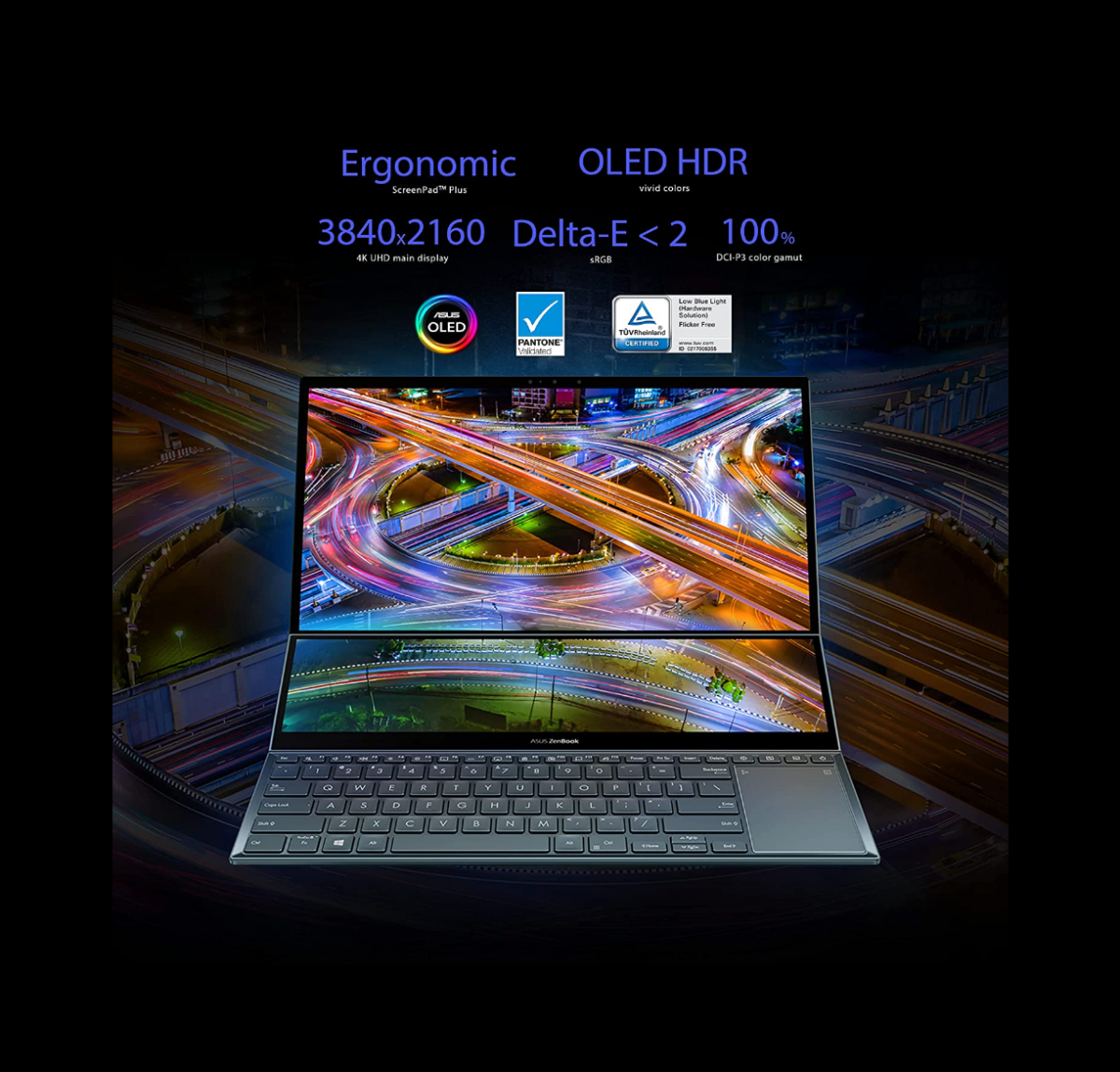 An ASUS ZenBook Pro Duo 15 OLED laptop with display extended onto ScreenPad