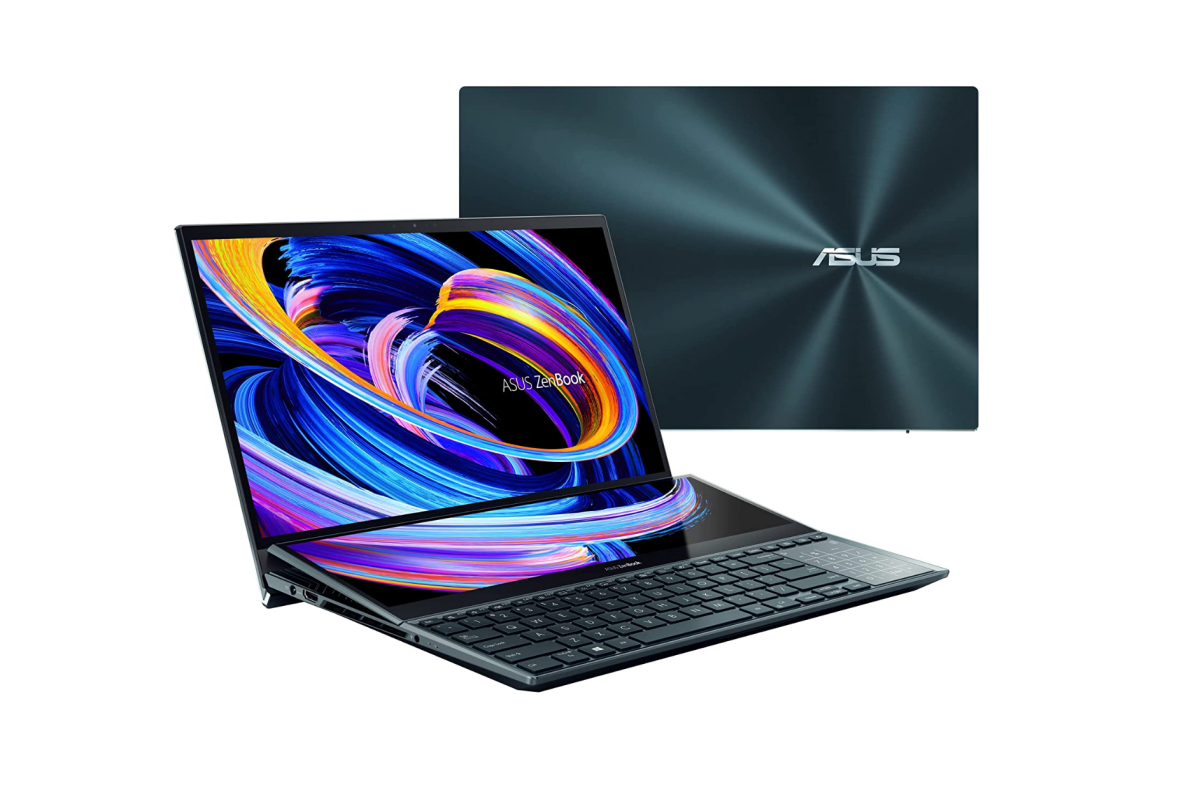An ASUS ZenBook Pro Duo 15 OLED laptop with ScreenPad