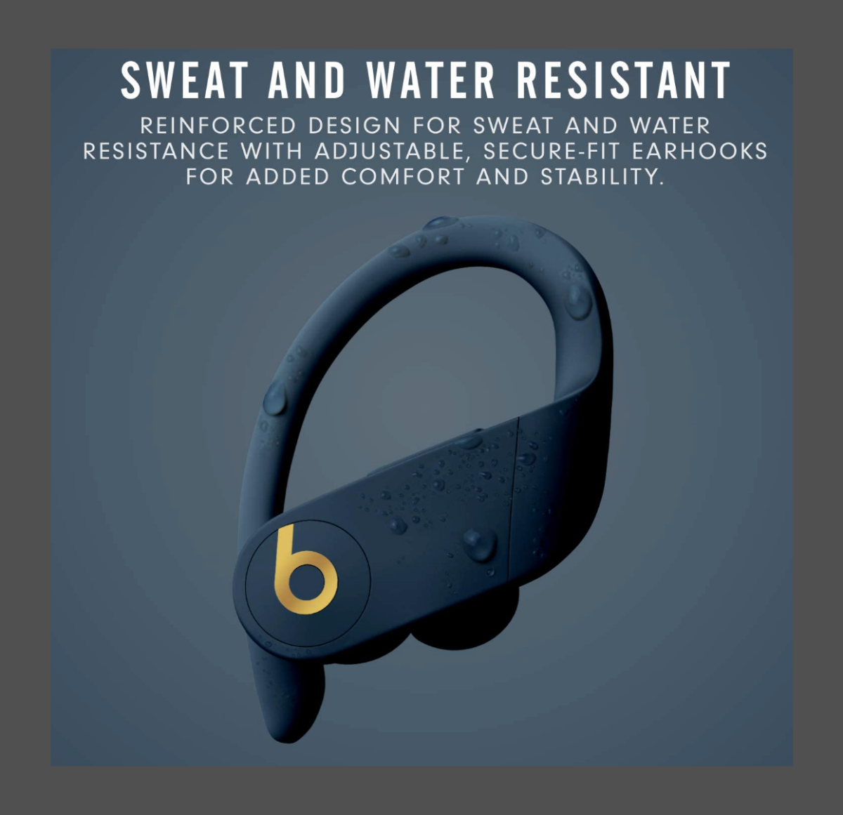 A single Beats Powerbeats Pro with information on water-resistance 