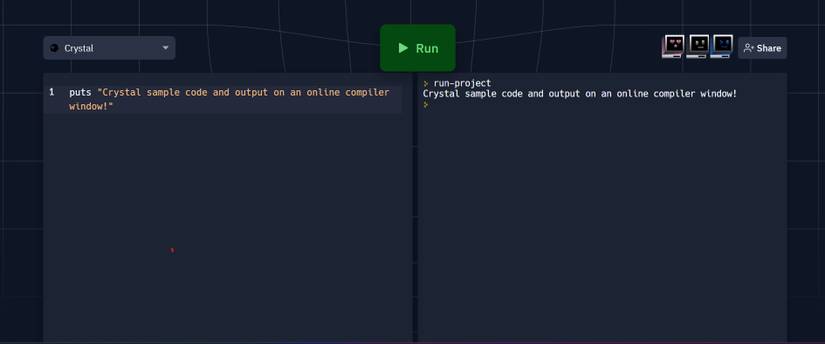 Crystal sample code and output on an online compiler window