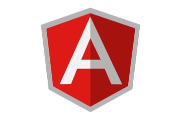 The Angular logo, a large white letter A on a red abstract shape looking roughly like a shield