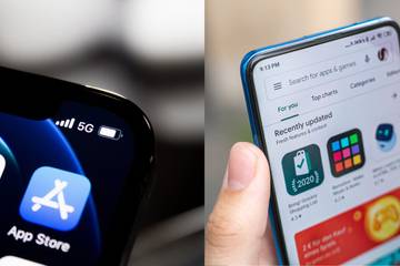 Image of Apple's App Store icon and Google Play Store app open side by side