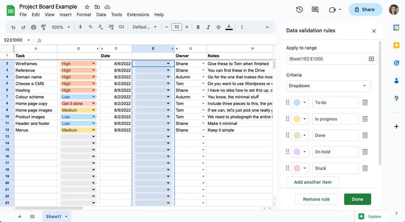How to Build a Functional Project Management Board in Google Sheets