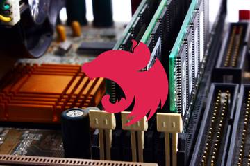The Nest.js logo, a red silhouette of a cat's head, superimposed on a PC motherboard