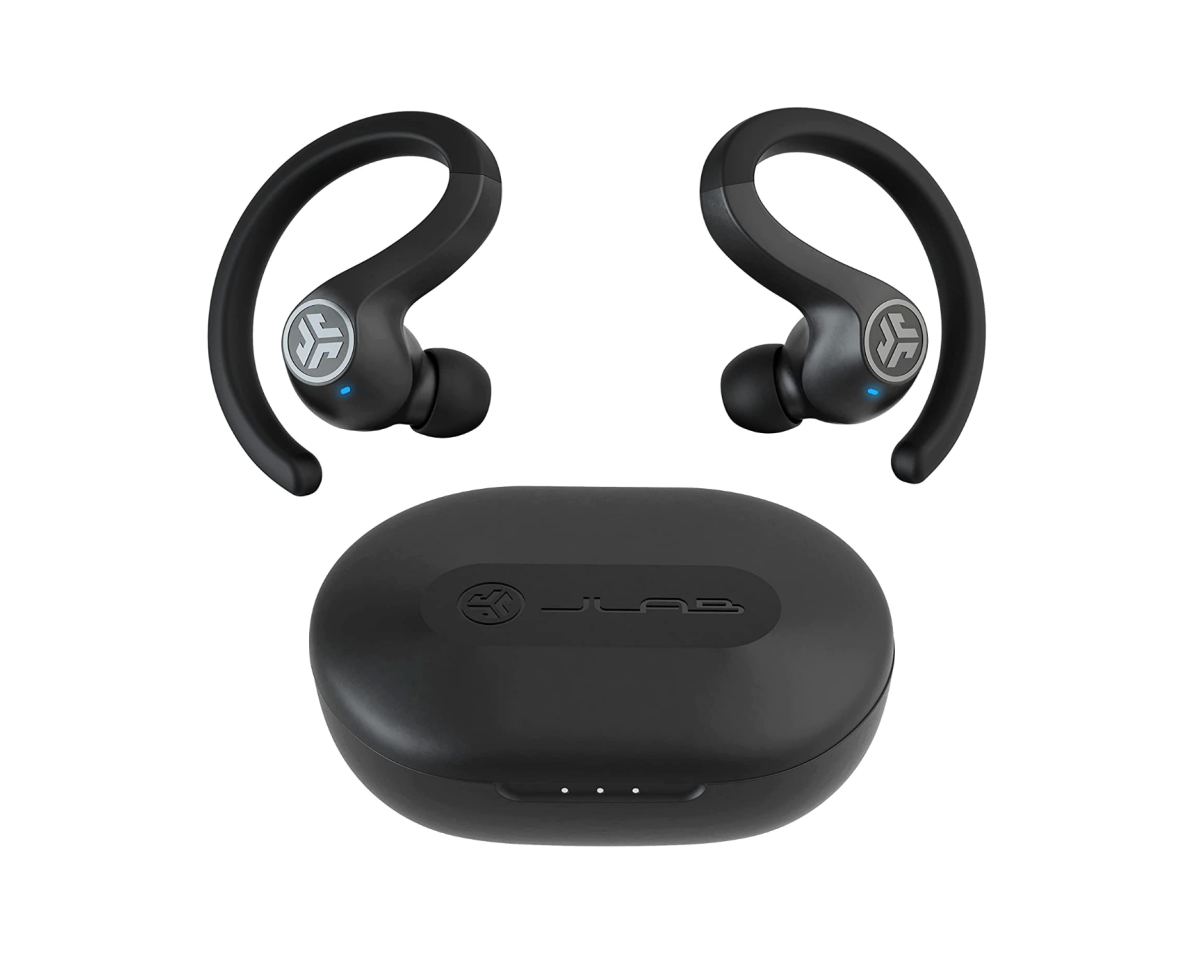 A pair of JLab JBuds Air Sport Earbuds with charging case