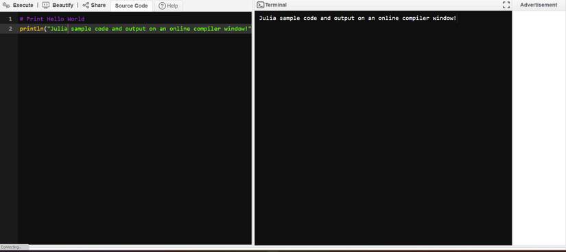 Julia sample code and output on an online compiler window