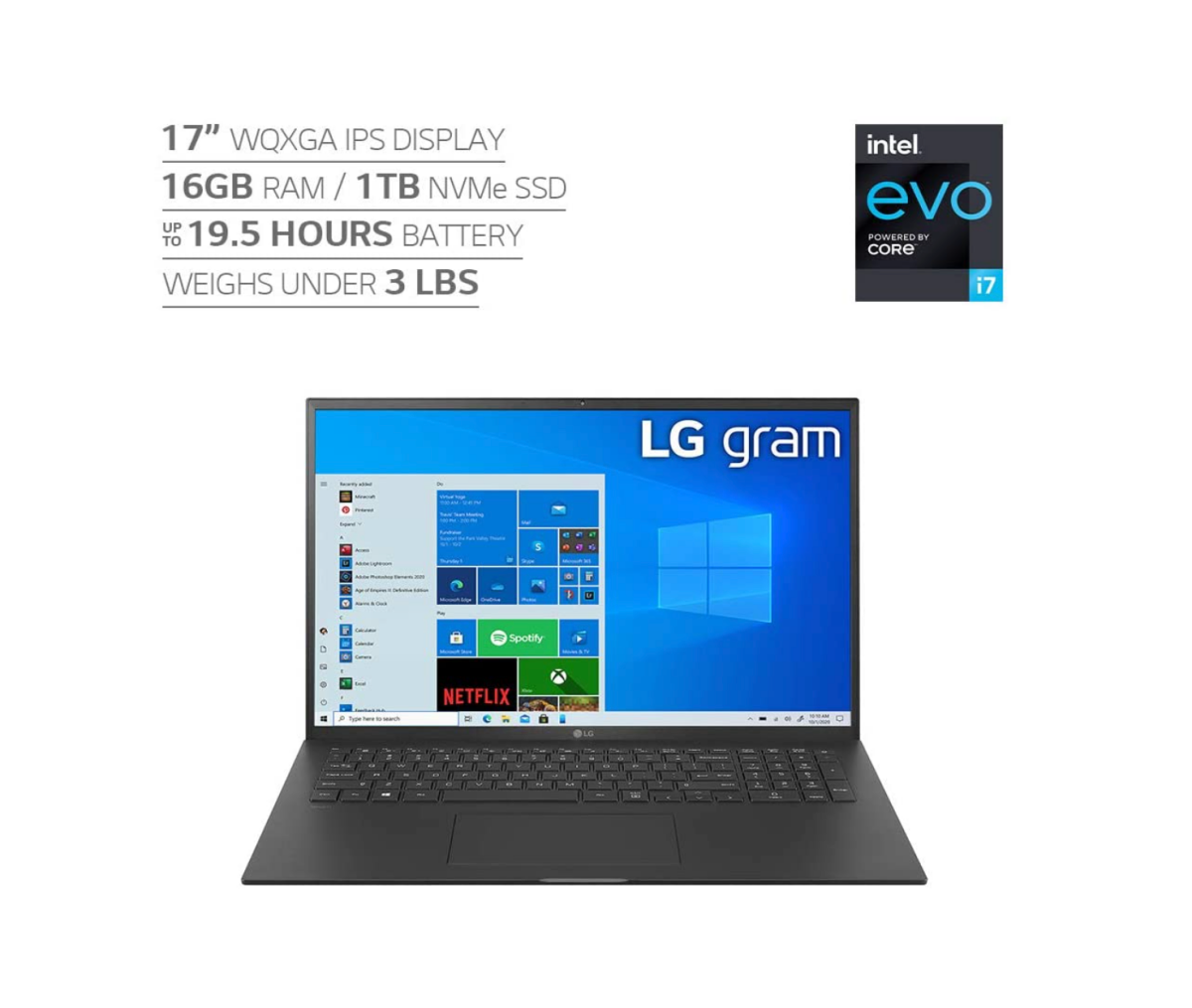 An LG Gram 17Z90P laptop with information on specs