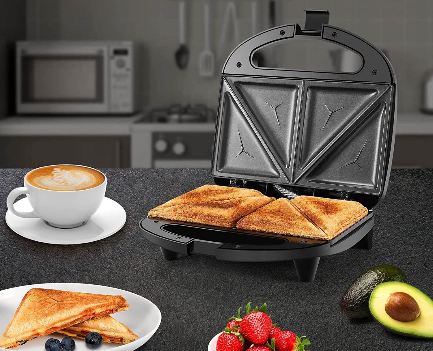 ostba sandwich maker cooking waffles and grilled cheese sandwiches