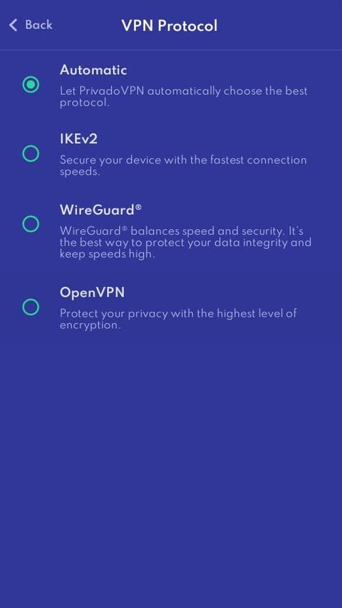 screenshot of privadovpn protocols page