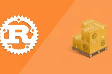 The Rust logo alongside an illustration of a stack of crates bearing the same logo