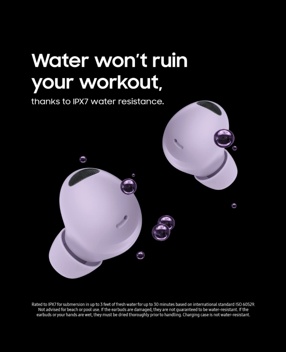 A pair of white Samsung Galaxy Buds 2 Pro with water resistance information