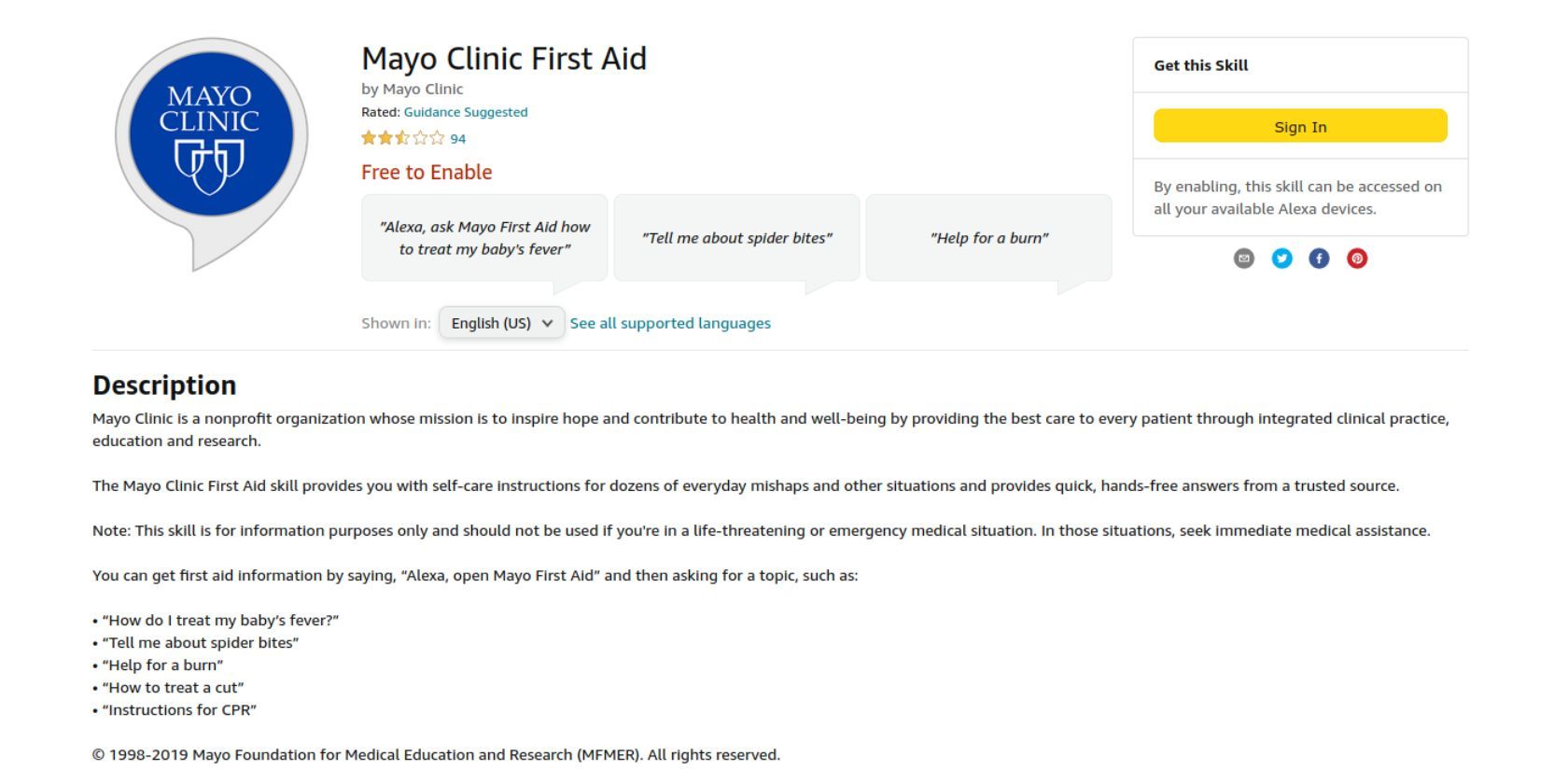 Screenshot of Mayo Clinic First Aid Alexa skill webpage