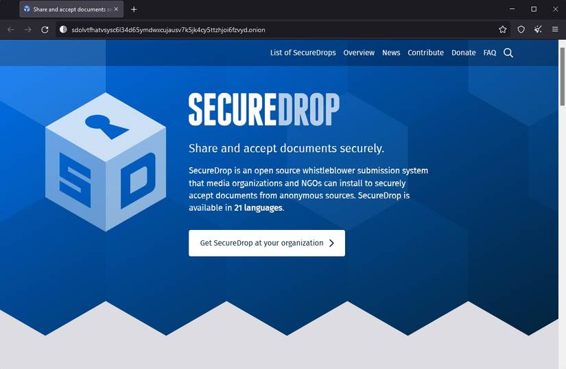 Screenshot of SecureDrop onion site