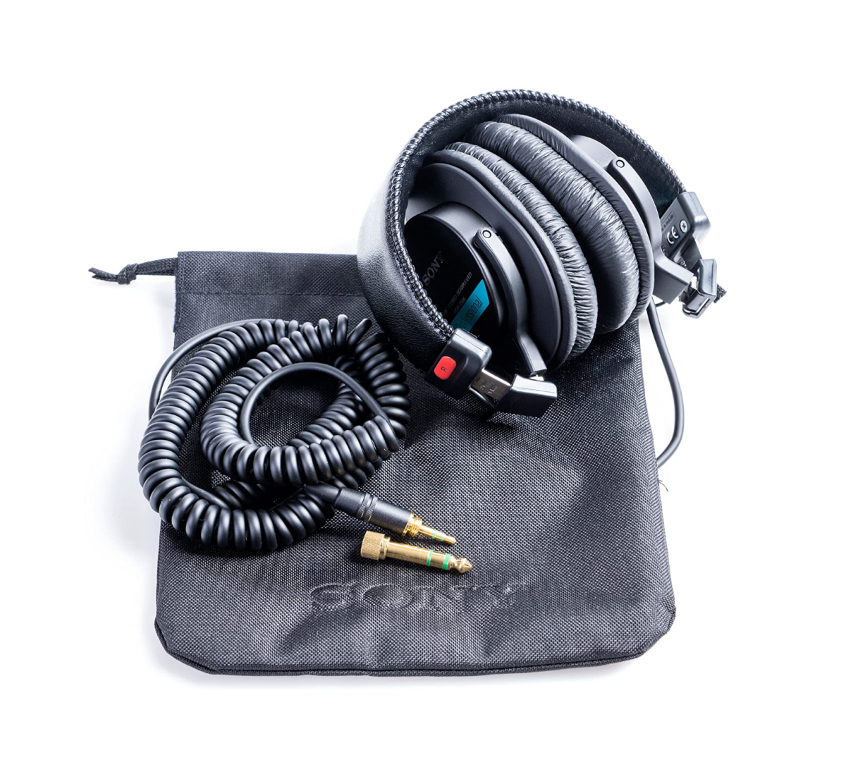 A pair of folded Sony MDR7506 Headphones and carry bag