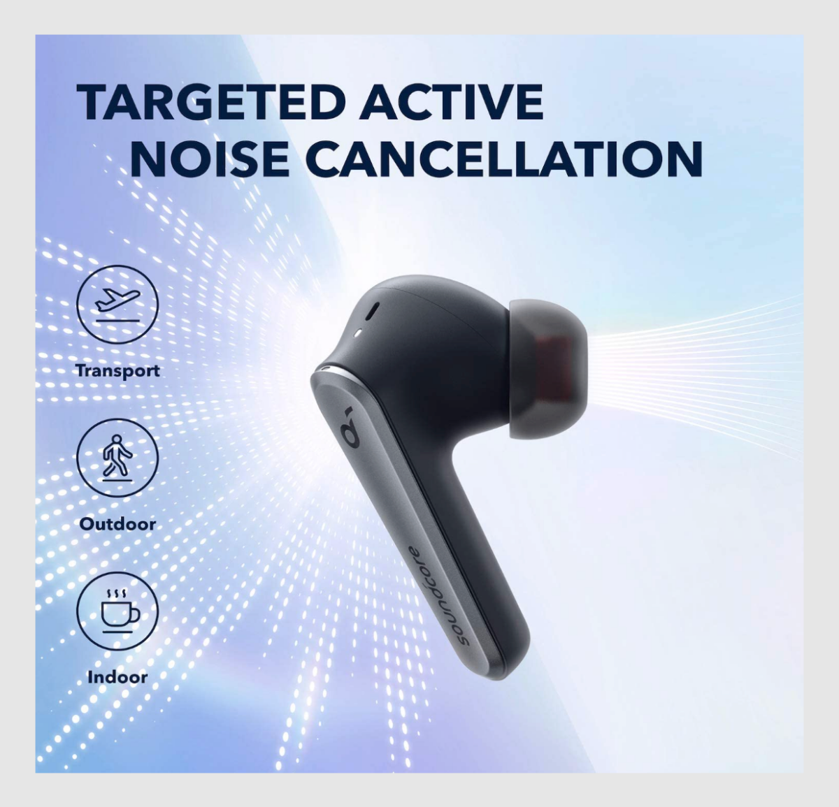 A single Soundcore by Anker Liberty Air 2 Pro earbud with information on Targeted ANC