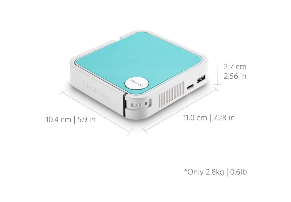 A folded down ViewSonic M1 Mini+ Ultra Portable LED Projector with info on its weight and dimensions