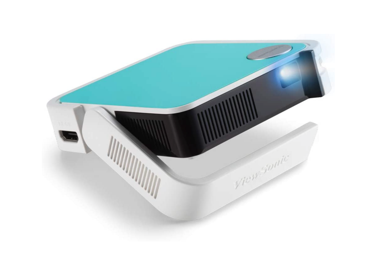 A ViewSonic M1 Mini+ Ultra Portable LED Projector sitting on its stand