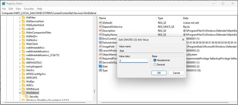 Registry restore Windows Defender Start value 2 after disable screenshot