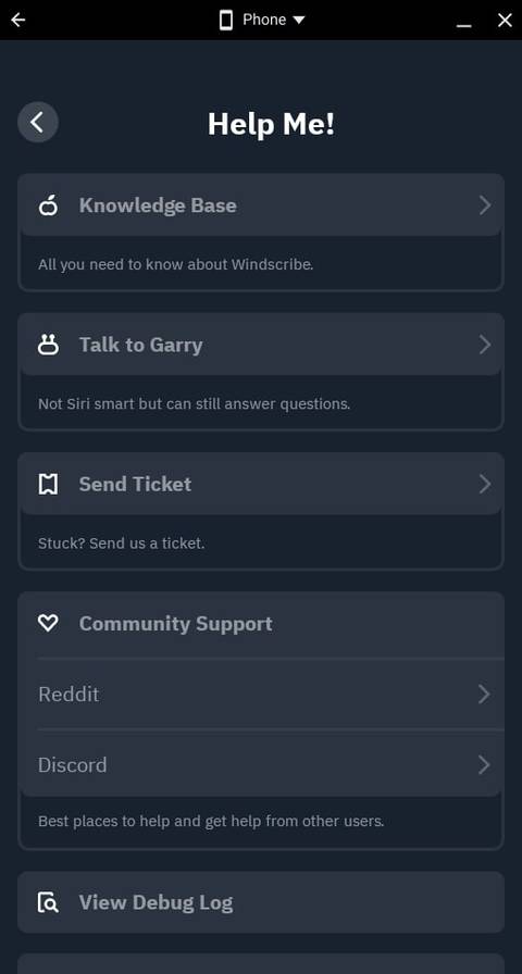 windscribe vpn app help page screenshot
