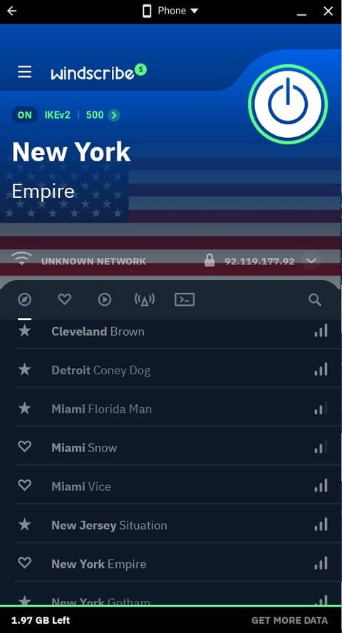 windscribe vpn app server locations page screenshot