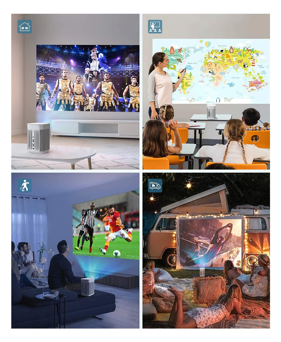 Four images demonstrating the multiple uses of the XGIMI MoGo Pro Portable Projector